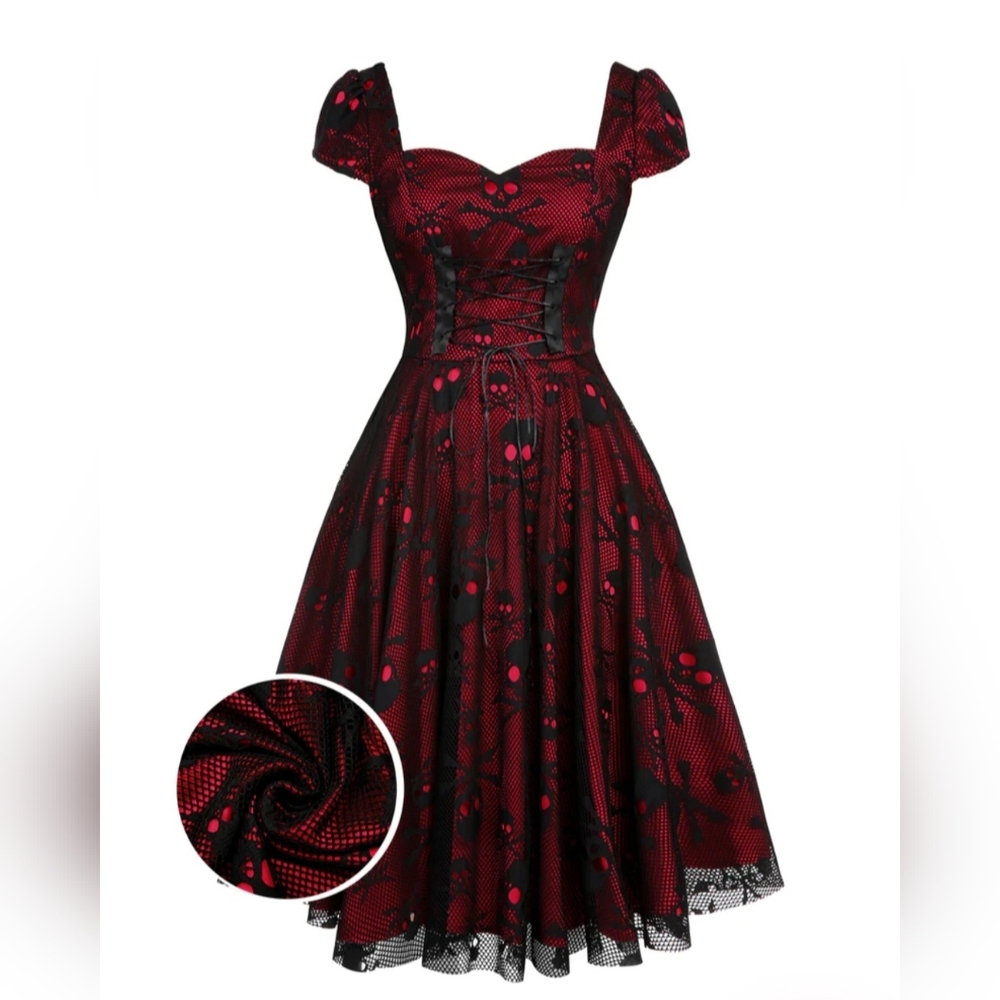 WINE RED 1950S SKULL MESH SWING DRESS NWOT